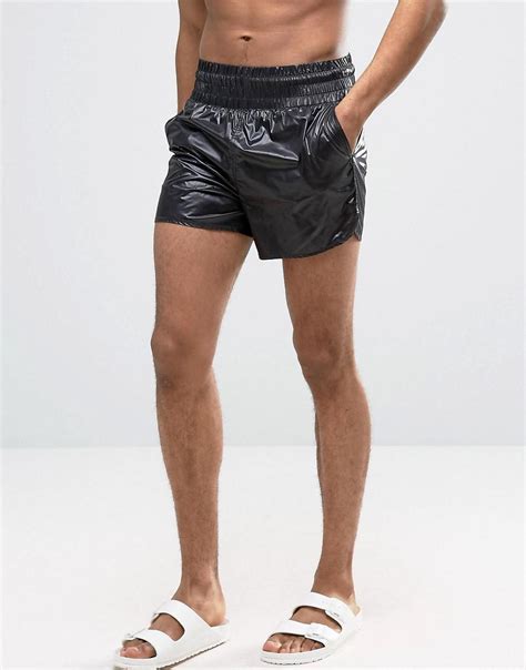 Asos Runner Swim Shorts In Black Wet Look Fabric With Deep Waistband In Black For Men Lyst