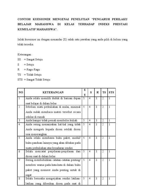 Contoh Kuesioner Mengenai Penelitian