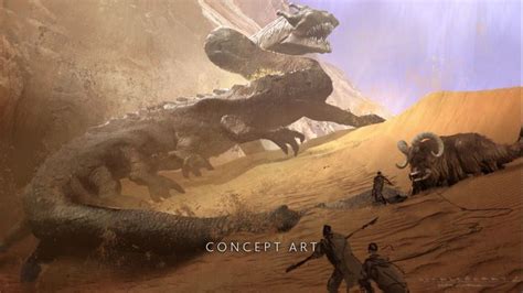 An Artists Rendering Of Dinosaurs In The Desert