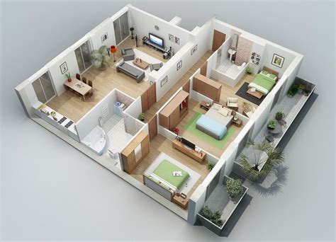 3 bedroom house plans for a young couple may allow for the perfect setup for their child while still maintaining space for guests, or even for another addition to their family. Awesome 3D Plans For Apartments | 3d house plans, Bedroom ...
