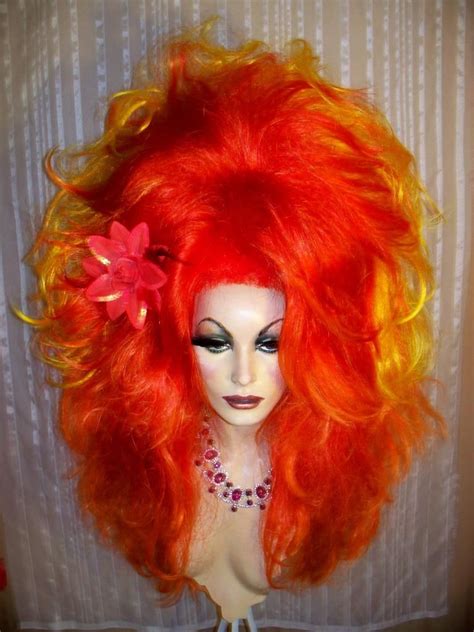 Drag Queen Wig Big Double Orange To Yellow Flame Long Tall Curls Teased