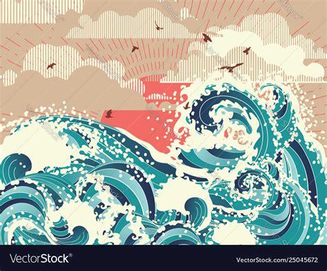 Retro Ocean Waves Royalty Free Vector Image Vectorstock