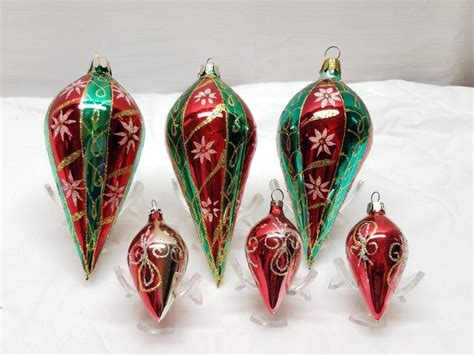 Vintage Hand Blown Glass Christmas Tree Ornaments Red Green Teardrops