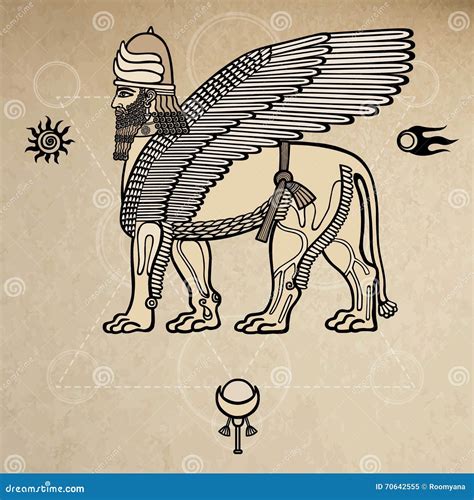 Mythical Assyrian Deity Winged Lion Of Shedu Cartoon Vector