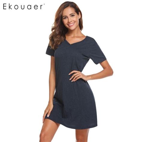 Ekouaer Women Casual Night Dress Sleepwear Cotton V Neck Short Sleeve Solid Nightgown Lounge