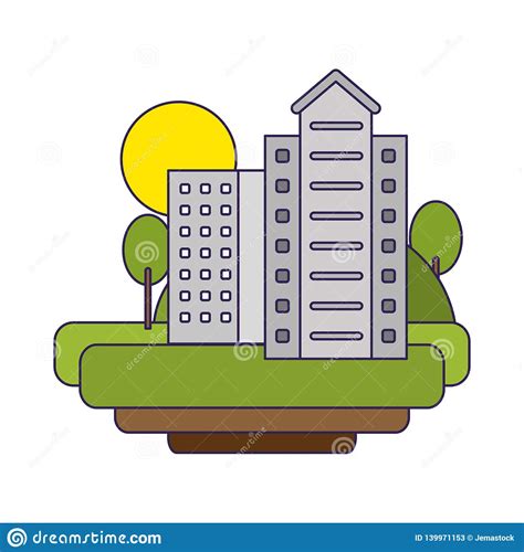 Apartment Building In Nature Cartoon Blue Lines Stock Vector