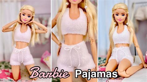 DIY Cute Barbie Doll Pajamas Set Fluffy Lounge Outfit Shorts Crop Tank Top Barbie Clothes