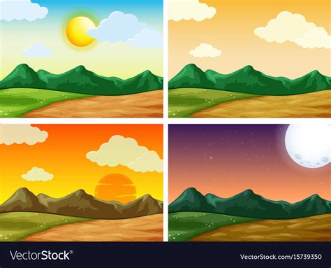 Four Countryside Scenes At Different Time Of Day Vector Image