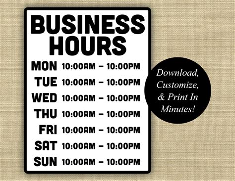 Business Hours Sign Business Hours Printable Hours Sign