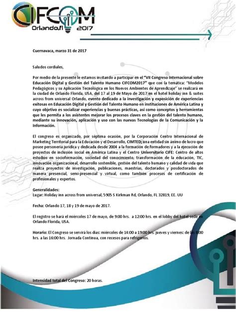 Carta De Invitación Congreso Cifcom2017 Orlando Tecnologia