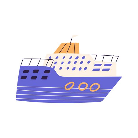 Big Cruise Ship In Hand Drawn Childish Style Cartoon Flat Vector