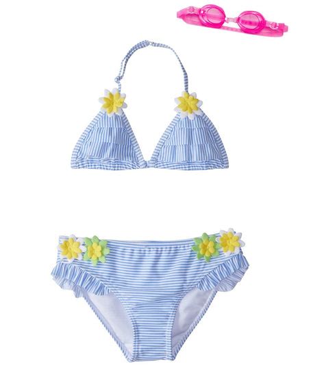Jump N Splash Girls Doll Face Blue Striped Bikini Set Wfree Goggles