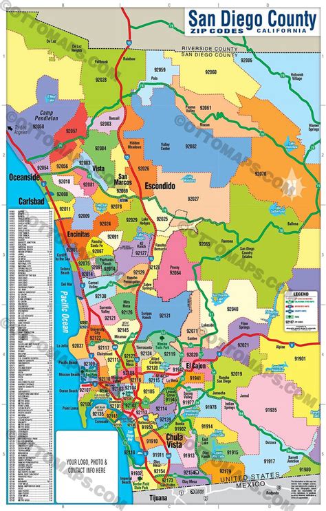 San Diego County Zip Code Map Full County Areas Colorized Otto Maps