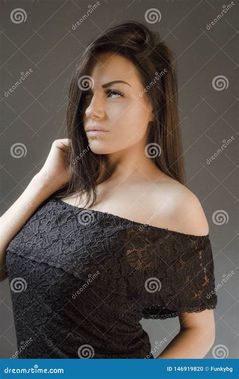 Sensual Attractive Caucasian Brunette Woman Posing Studio Stock Photo