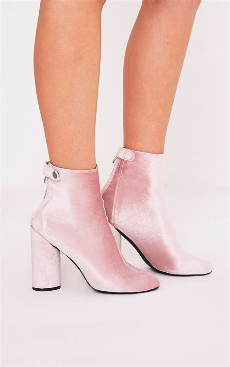 amie blush velvet heeled ankle boots boots prettylittlething prettylittlething