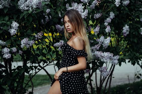 Wallpaper Portrait Black Dress Polka Dots Brunette Long Hair Women Outdoors X