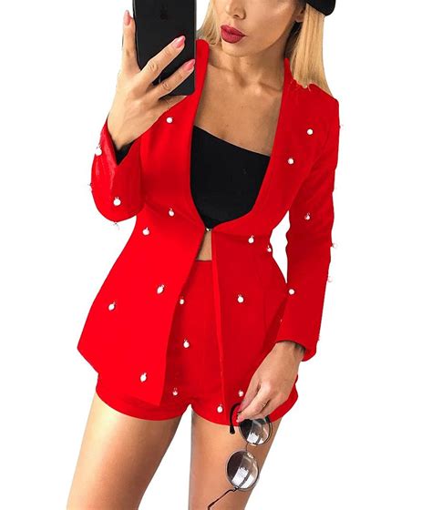 Womens Blazer Suit Set Pearls Beaded 2 Piece Outfits Jacket Shorts