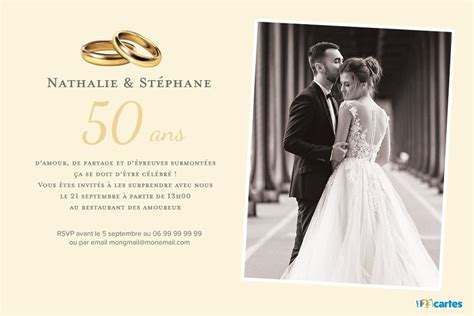 Custom invitations for all occasions. 50 ans noces d'Or avec photo - Invitation anniversaire ...