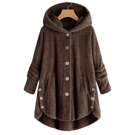Fashion Fluffy Solid Button Coat Tops Plus Size Winter Women Fleece