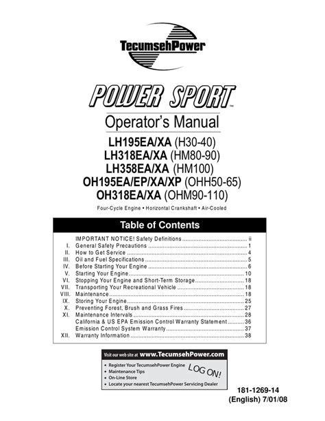 Tecumseh Power Sport Lh358xa Operators Manual Manualzz