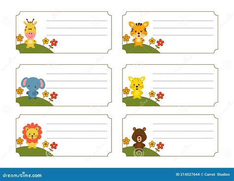 Children Name Card Vector With Cute Animals Stock Vector Illustration