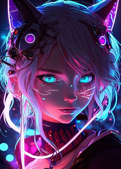 Cat Girl Blue Neon Anime Poster Picture Metal Print Paint By