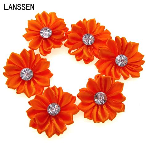 12pcs orange satin ribbon flowers with rhinestone multilayers fabric flowers appliques