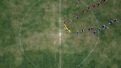 Soccer Field Center With Players Aerial View Stock Image Image Of