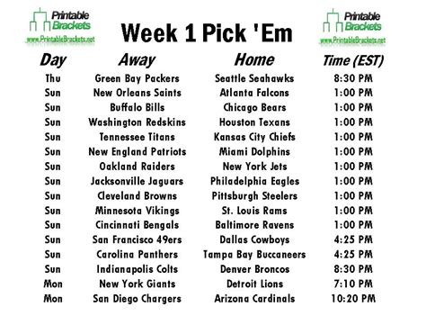 Printable Nfl Week 1 Schedule Pick Em Pool 2017