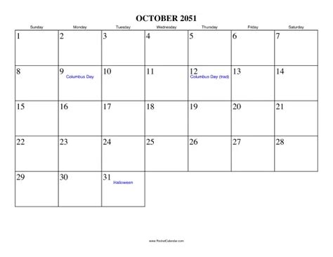 October 2051 Calendar