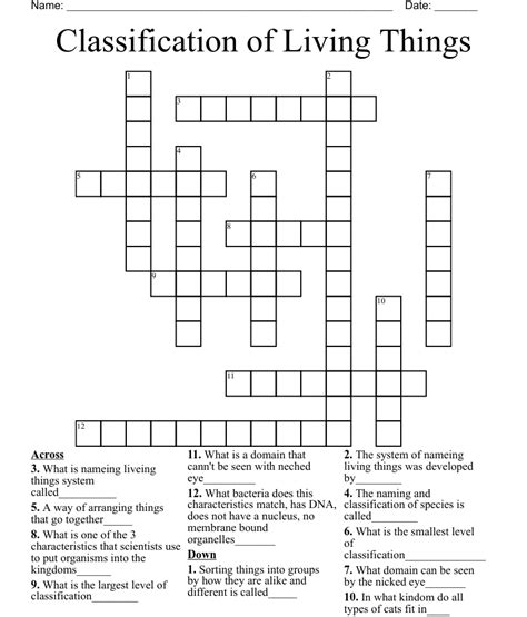 Classification Of Living Things Crossword Wordmint