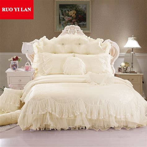 Light White Jacquard Silk Princess Bedding Set 4pcs Silk Lace Ruffles