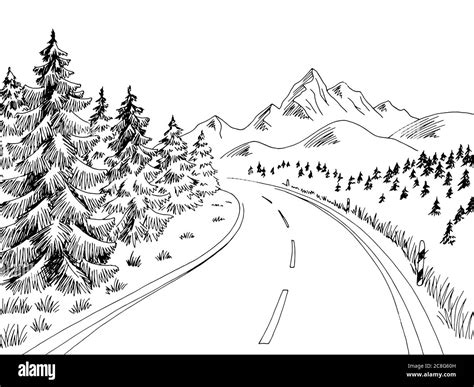 Mountain Road Graphic Black White Landscape Sketch Illustration Vector