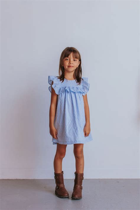 Little Girls Blue Swiss Dot Cotton Ruffle Collar Dress Cuteheads