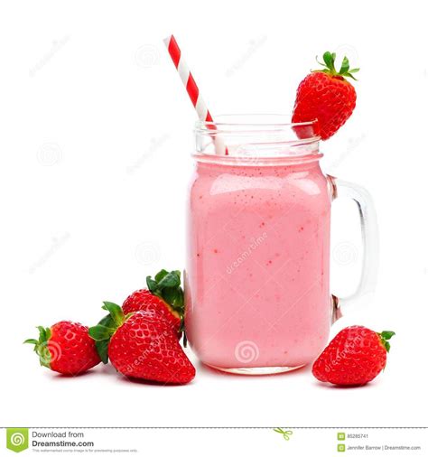 Strawberry Smoothie In A Mason Jar With Straw And Berries Over White Stock Image Image Of
