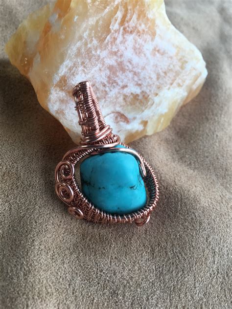 Turquoise Dyed Howelite Copper Wire Wrapped Pendant Mineral Stone