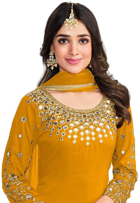 Buy Embroidered Art Silk Punjabi Suit In Mustard Online Kch10719