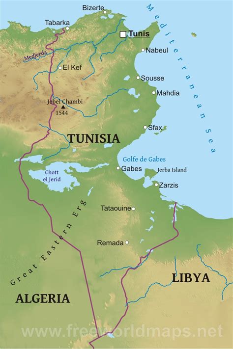 Physical Map Of Tunisia Cities And Towns Map