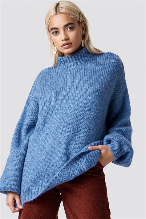 wool blend high neck knitted sweater blue na