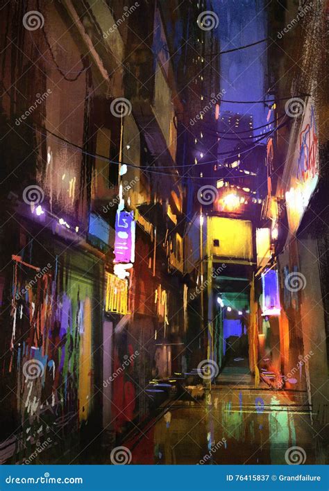 Painting Of Dark Alley At Night Stock Illustration Illustration Of
