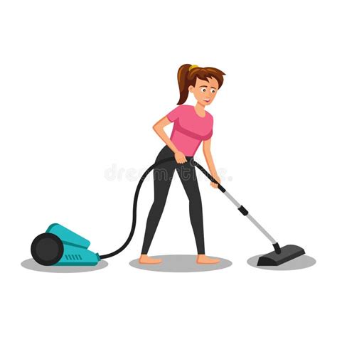 flat design of cartoon character of woman vacuuming stock vector illustration of electric