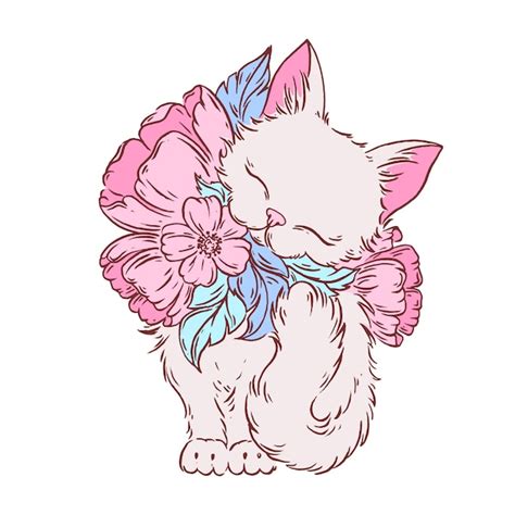 Premium Vector Cat With Flowers Hand Drawn Illustration