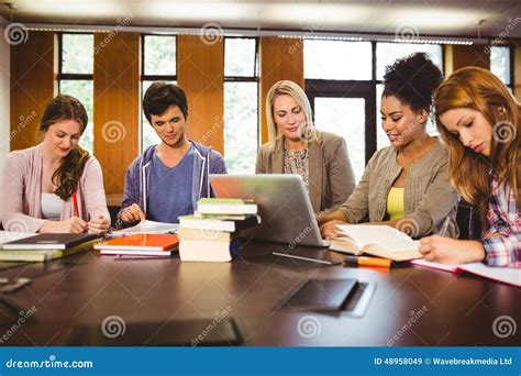 Smiling Students Working Together On An Assignment Stock Image Image