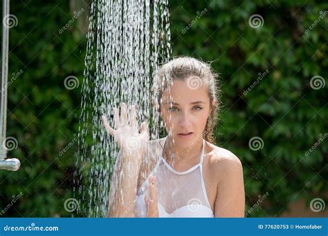 Girl Wear Bikini Standing Under The Outdoor Pool Shower Stock Image Image Of Cleaning