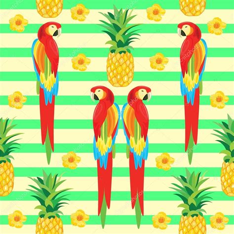 Parrot And Pineapple Seamless Pattern Exotic Flowers Tropical Summer