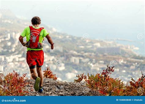 Back Male Athlete Running Mountain Trail Editorial Stock Photo Image