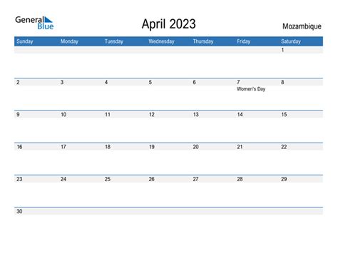 April 2023 Calendar With Mozambique Holidays