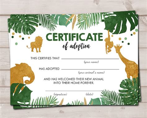 Adopt An Animal Adoption Certificate Safari Adoption Wild One Birthday