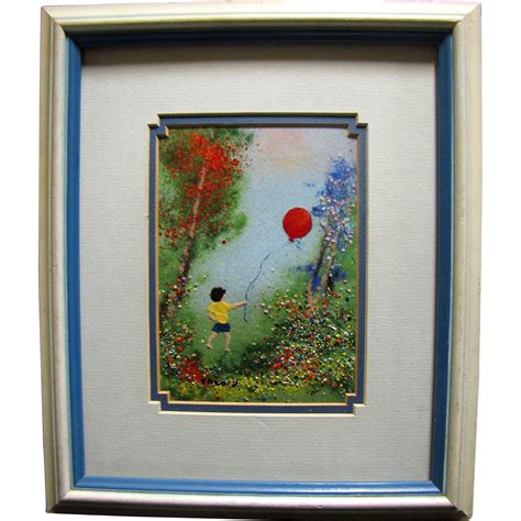 Enamel on Copper Painting, Boy with Balloon by Listed Artist Louis from ...