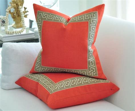 The crisp clean lines will compliment a traditional or contemporary decor. 20sq. Tangerine linen pillow cover with Greek Key by ...